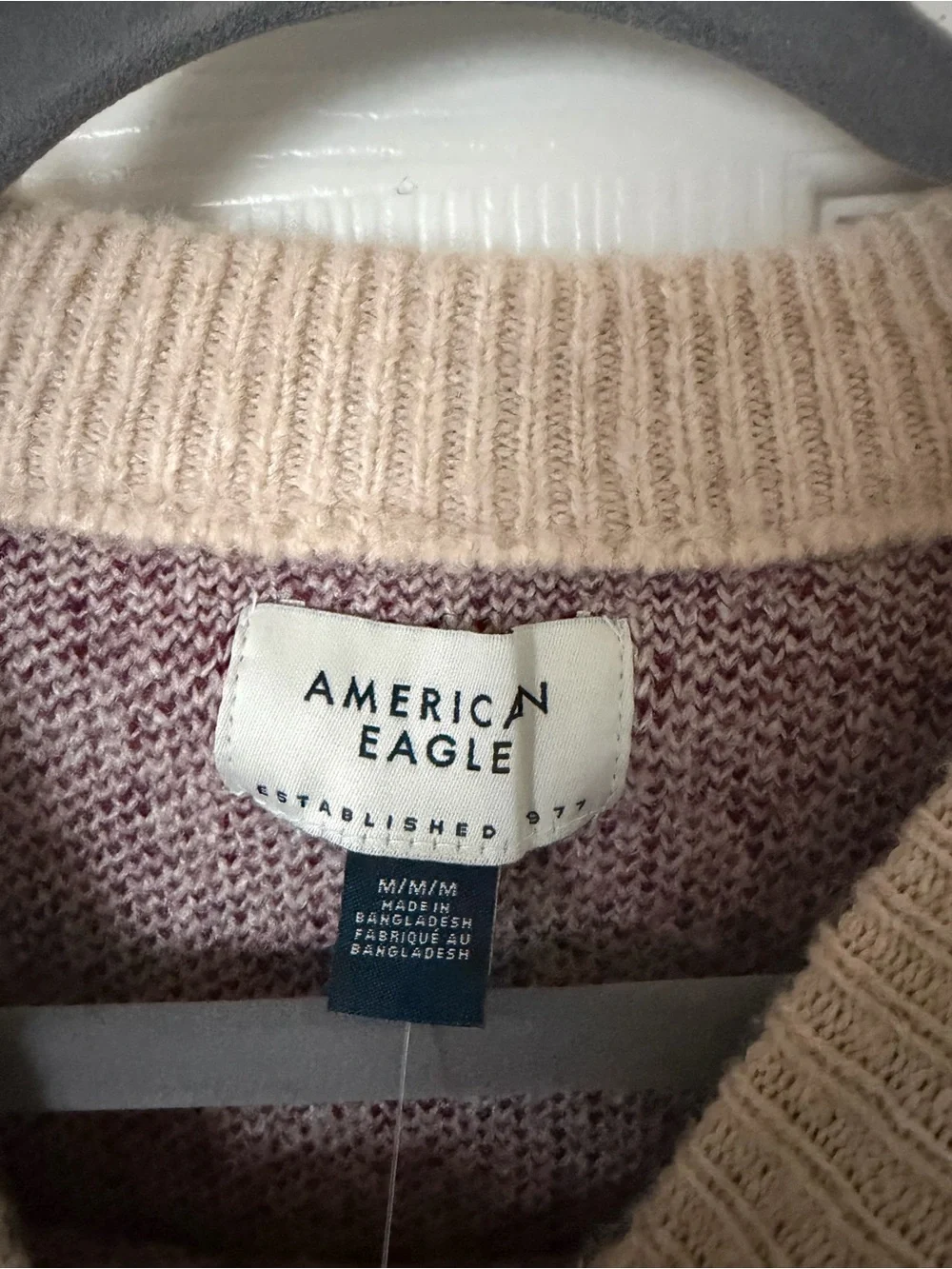 American Eagle Outfitters Beige Crewneck Sweater with Burgundy Logo